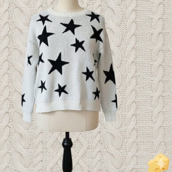 Marled Sweaters - Marled Black White Crew Neck Star Sweater Medium Knit Pullover Casual Stylish